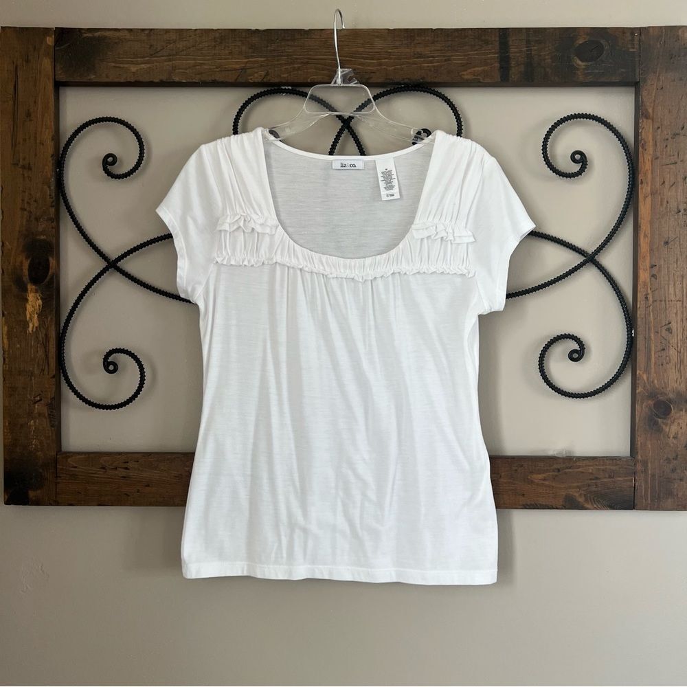 Liz & Co. Cotton Crisp White Short Sleeve Ruffled Blouse Top Tee Size M